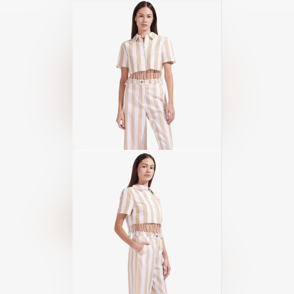 Staud hazelnut stripe fringe hem cotton/linen top